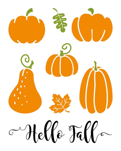 Hello Fall A set of flat icons of pumpkins and autumn leaves