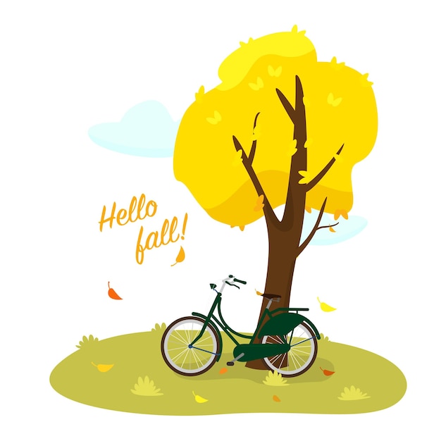 Hello fall vector illustration Retro bike near yellow tree leaves falling