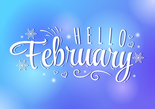 Vector hello february month with flowers hearts leaves and cute lettering for decoration illustration