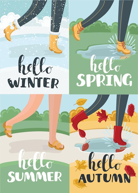 Hello four season vector calligraphy style with retro texture flat minimal design