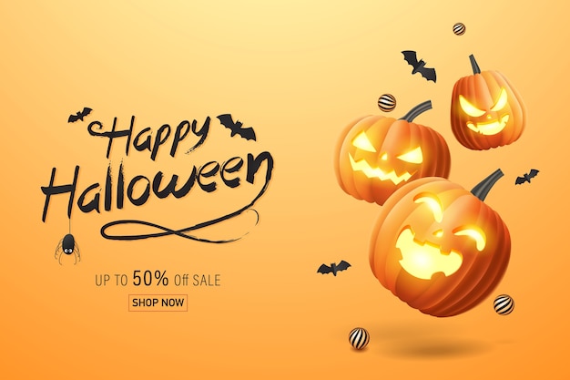 Ciao banner di halloween, banner di promozione di vendita con pipistrelli e zucche di halloween. illustrazione 3d