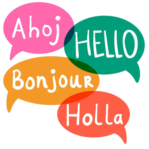 Hello, Hi with speech bubbles on different languages. Translation concept. Hand drawn