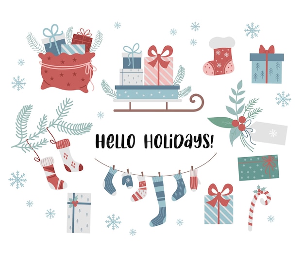Здравствуй праздник набор новогодних подарков новогодний носок и саночки с коробками сумка деда мороза подарочная бирка карамель