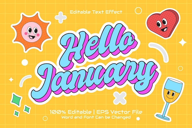 Hello January editable text effect flat trendy cartoon style