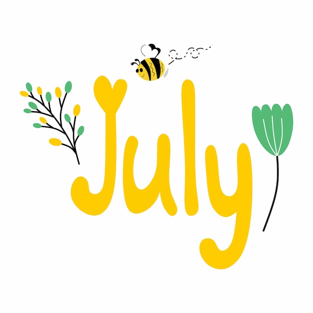 벡터 안녕하세요 7월 야생화와 꿀벌이 있는 귀여운 여름 삽화