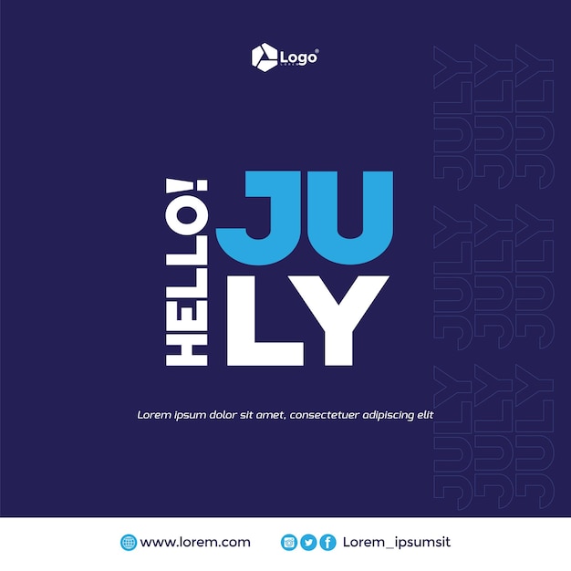 Hello July flyer template with blue background