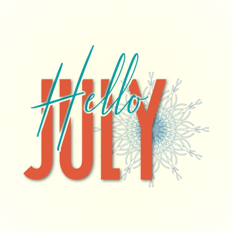 Vector hello, july lettering card with snowflakes. hand-drawn inspirational winter quote with doodles.
