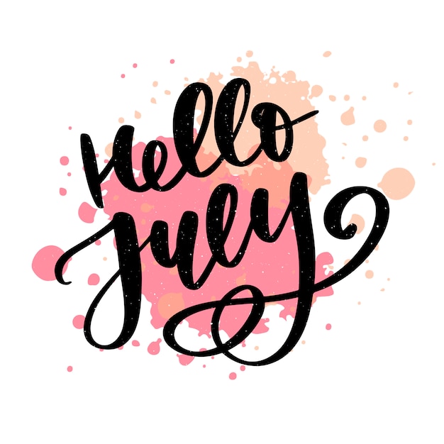 Vector hello july lettering print. summer minimalistic illustration. isolated calligraphy