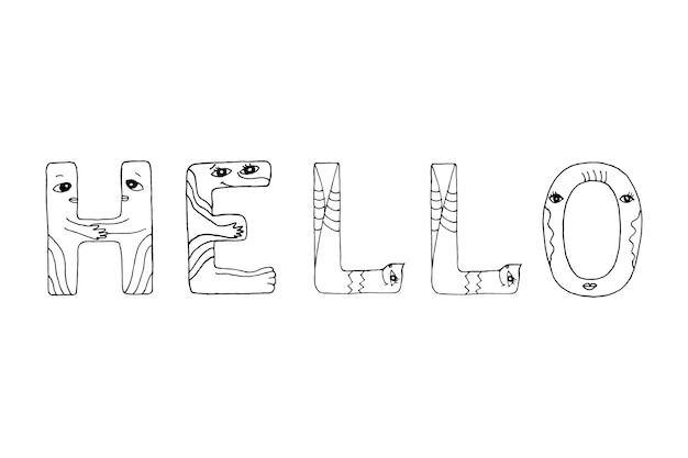 Hello lettering Funny doodles with monsters fascinating painted letters for coloring Isolated