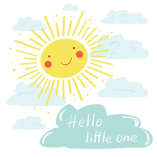 벡터 안녕하세요 작은 인사말 카드입니다. 글자와 행복한 태양. 출산, 생일, 임신, 베이비 샤워의 축하에