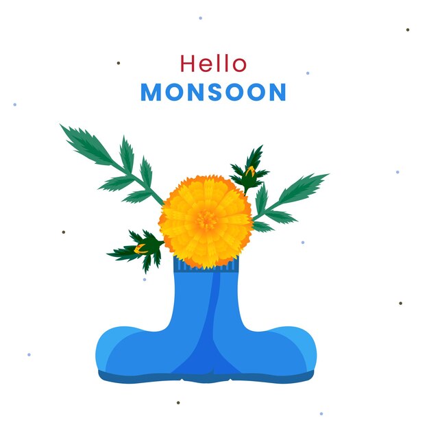Ciao monsone lettering con fiore pianta in stivali su sfondo bianco