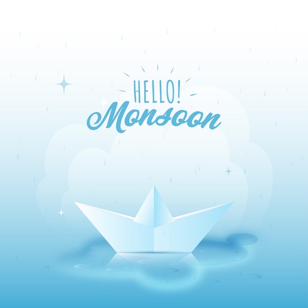 Ciao monsoon poster design con barca di carta realistica sullo sfondo dell'acqua