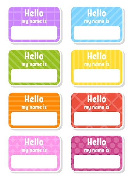 Hello name badge bright stickers rectangular label color vector isolated illustration