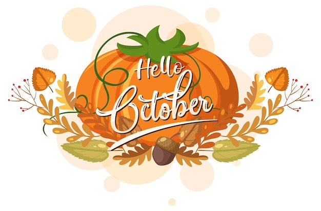 Hello october logo with ornamental autumn leaf