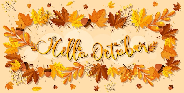 Hello October logo with ornamental autumn leaf