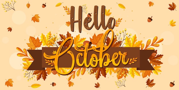 Hello October logo with ornamental autumn leaf