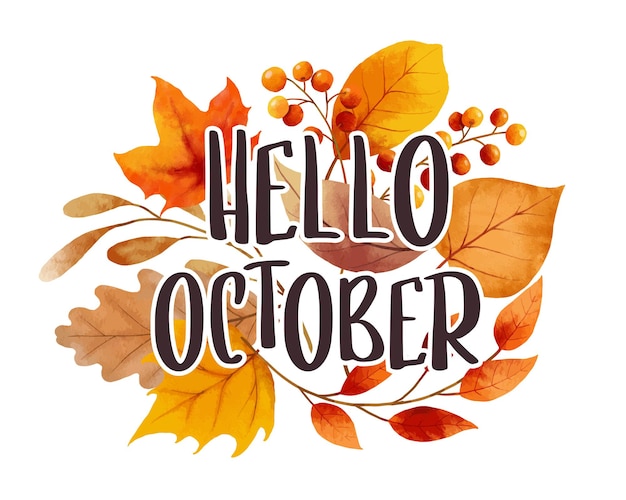 Hello october with ornate of leaves flower background Autumn october hand drawn lettering template