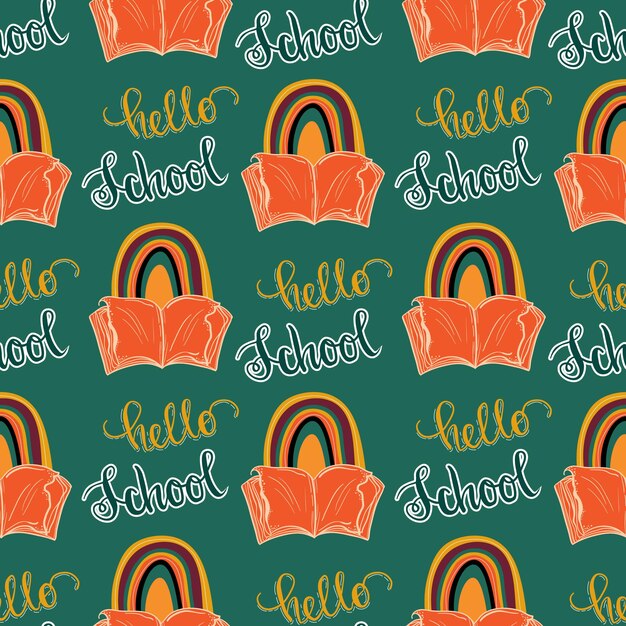 Hello school seamless pattern with book and lettering phrase chalkboard style