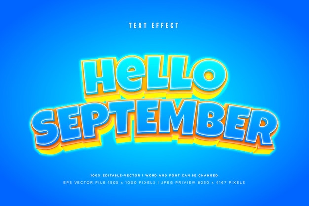 Привет сентябрь 3d текстовый эффект на синем фоне