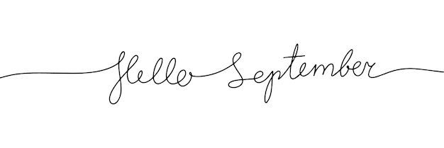 Hello September one line continuous text Line art Autumn banner concept Handwriting outline