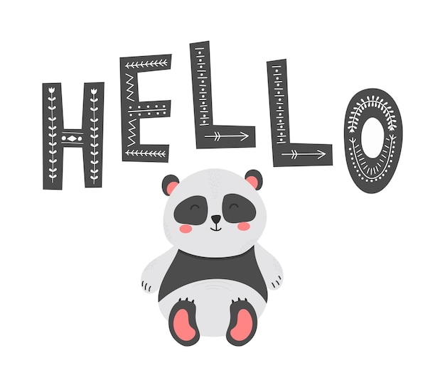 Hello slogan met schattige panda die uit een papieren illustratie komt