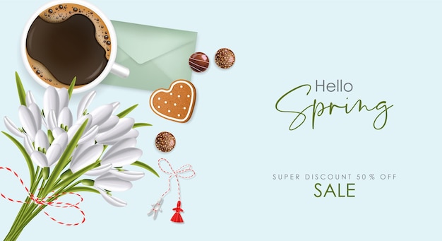 Hello spring, 1 march, realistic snowdrop, martisor, chocolate, ladybug and coffee, spring symbol