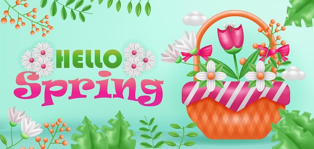 Hello spring. 3d illustration of boots, basket and flower watering pot, with ornamental tropical pla