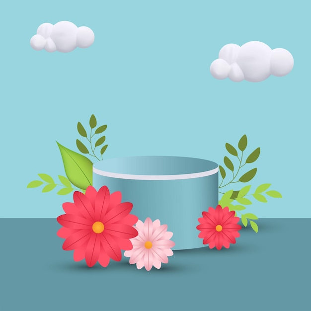 Hello Spring 3D vector illustration background and spring flower and leaves in the background