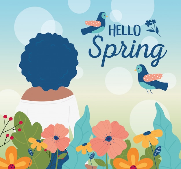 Vector hello spring back view woman birds flowers decoration card