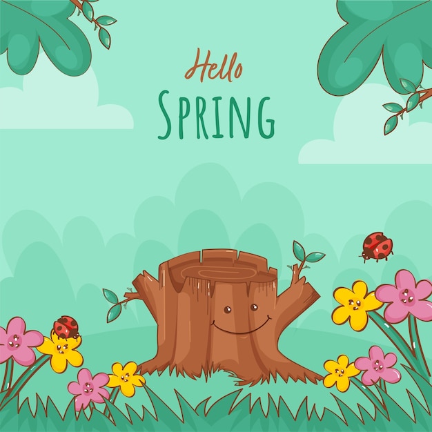 Hello Spring Background Decorated With Floral, Ladybugs And Smiley Tree Stump.