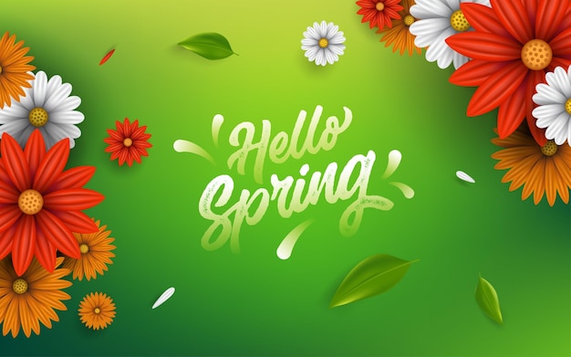 Hello Spring background. floral design template with typography letter