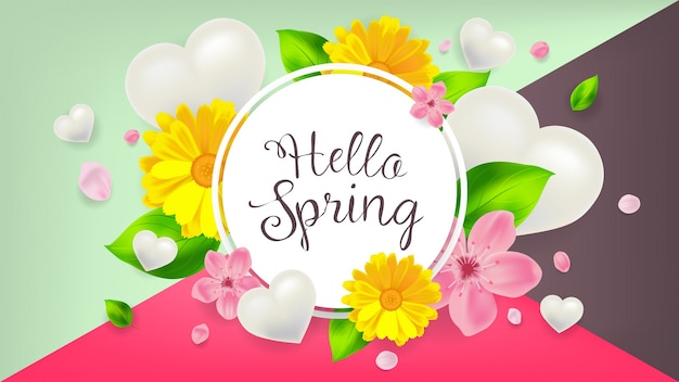 Hello Spring background with flowers