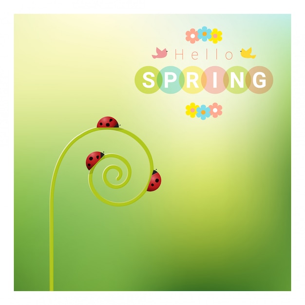 Vector hello spring background with red ladybugs