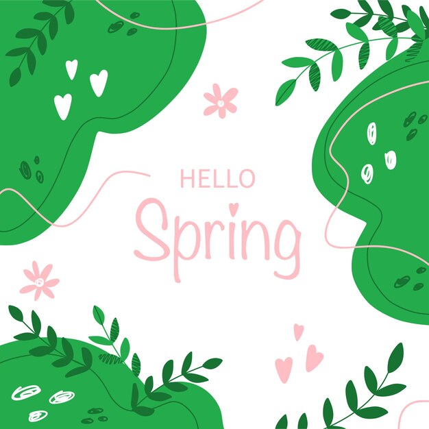 Vector hello spring banner with leaf and doodle elements for greeting card invitation template