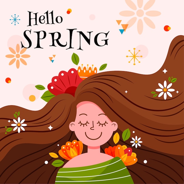 Vettore ciao striscione primavera con donna con i capelli lunghi