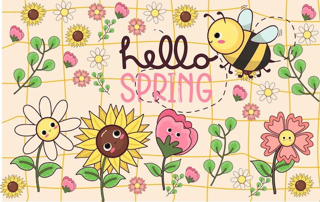 Vettore ciao ape primaverile simpatici animali kawaii ape primavera estate fiori giardino banner