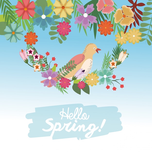 Hello spring bird on branch flowers cute nature wallpaper