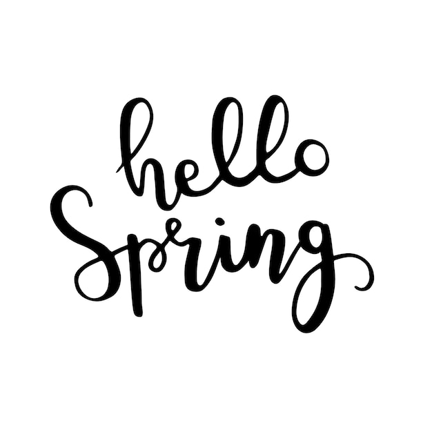 Hello spring black linear hand draw lettering design for holiday greeting card and invitation