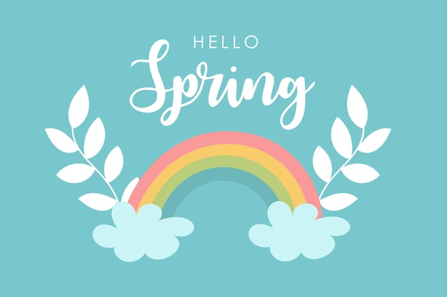 hello spring card design rainbow on blue sky bright hand drawn greeting card