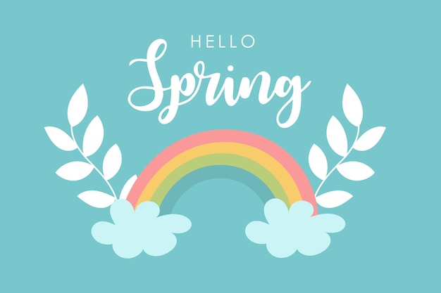 Hello spring card design rainbow on blue sky bright hand drawn greeting card