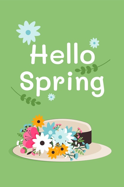 Vector hello spring card whith woman hat with flowers