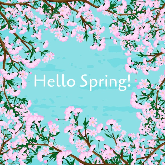 Открытка hello spring с цветущей вишней плоская реалистичная векторная иллюстрация