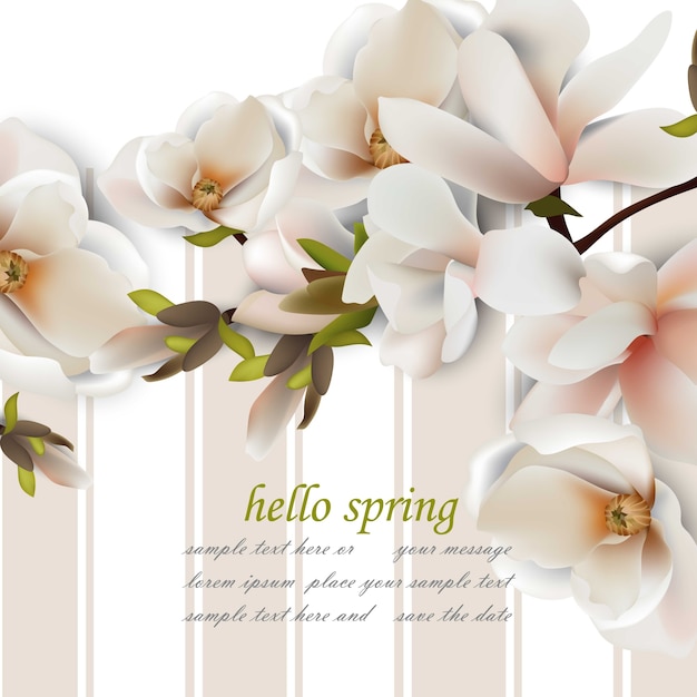 Vector hello spring card with magnolia flowers