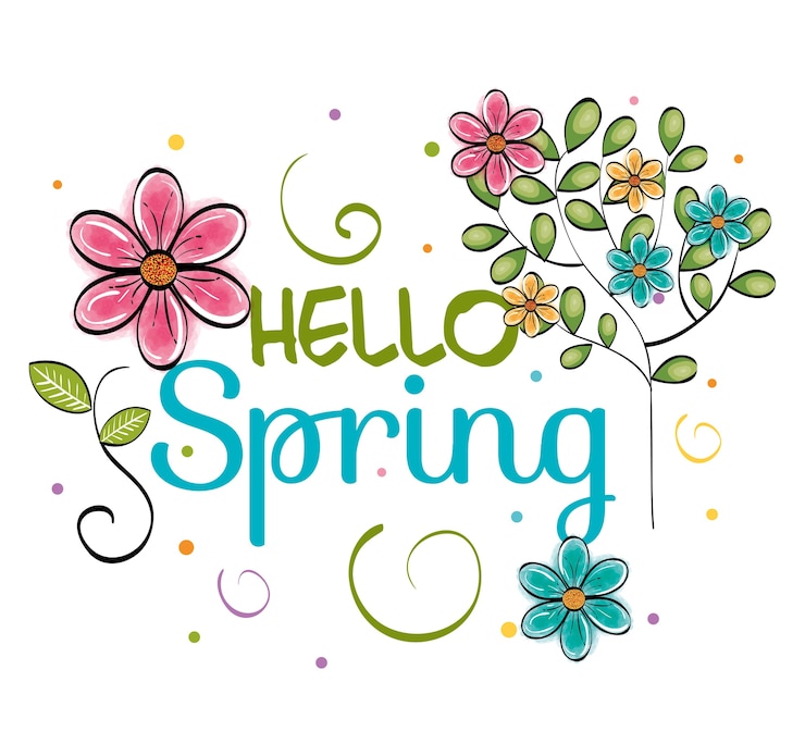 Vector hello spring card with pink, yellow and teal flowers over white background. vector illustration.