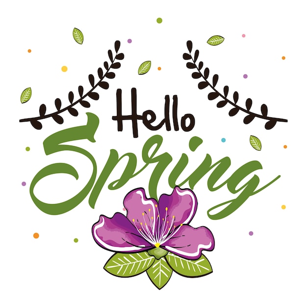 Hello spring card with purple flower, green leaves and silhouettes. vector illustration.