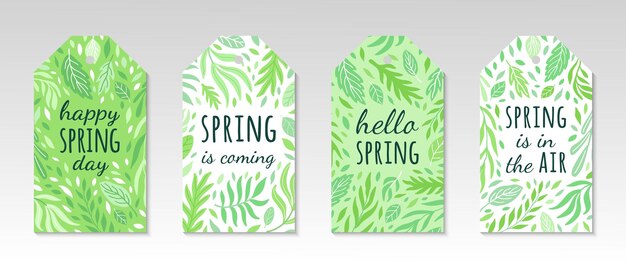 Vettore cartellini di saluto a primavera con foglie verdi