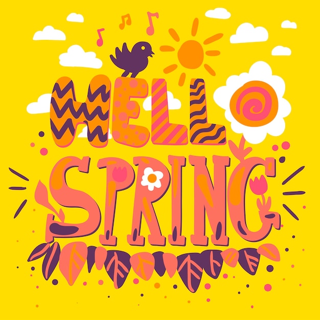 Vector hello spring cartoon lettering. flat quote. greeting card, poster, banner handdrawn illustration