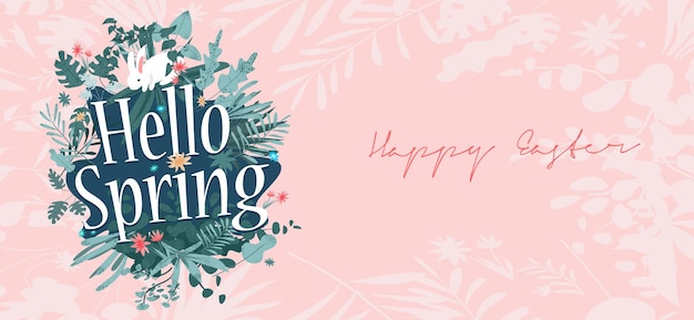 Hello Spring A composition of flowers and inscriptions Spring summer vector illustration Poster banner postcard