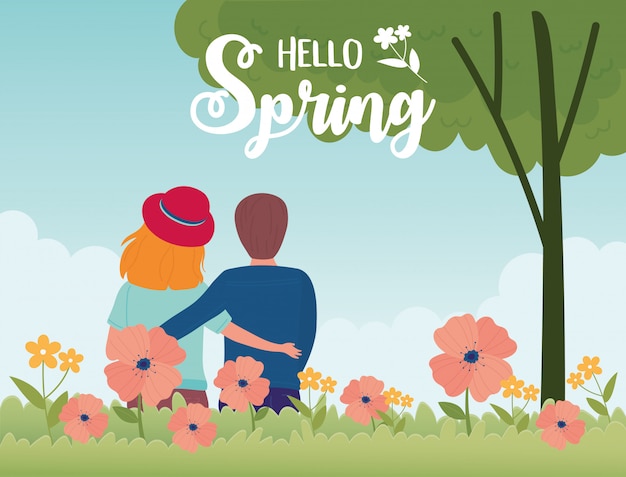 Vector hello spring couple tree flowers grass natural season