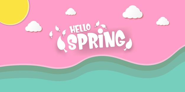 Hello spring cut paper style horizontal banner